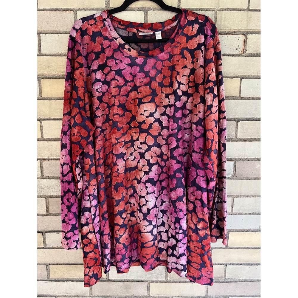 LOGO Lori Goldstein Tie Dye Jacquard Leopard Tunic Swing Top Purple Red Plus 3X